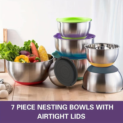 Stainless Steel Mixing Bowls with Airtight Lids 20-Piece Set – Non-Slip Silicone Bottom, Nesting Bowls in 7 Sizes (0.67–7 QT) for Mixing, Baking & Serving – Kitchen Bowl Set with Lids