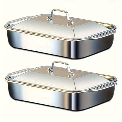 Stainless Steel Deep Baking Tray with Lid 4-Piece Set, 1.59 Gallon Rectangular Roasting Pan with Handle Lids, 16-Inch Dishwasher Safe Deep Tray for Fish BBQ Spaghetti, 2 Trays + 2 Lids