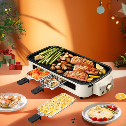 Indoor Electric Smokeless Grill 1500W – Raclette Table Grill with 3 Mini Pans, 16x9" Non-Stick Detachable Plate, Dishwasher Safe, Portable for Home Kitchen