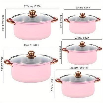 304 Stainless Steel Cookware Set with Golden Handles, 1/10/15pcs Deep Thick Soup Pot & Pan Set for Induction & Gas Stoves, Outdoor Camping & Kitchen Cooking, Pink, Silver & Orange