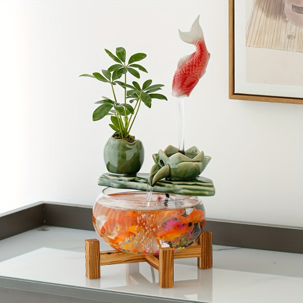 USB Desktop Fish Waterfall Fountain with Glass Bowl – Relaxing Indoor Water Feature Tabletop Decor Zen Fountain Gift