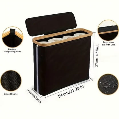 Toilet Paper Storage Basket with Bamboo Lid – Large Capacity Holds 9-12 Rolls | 600D Oxford Cloth Dustproof Bathroom Organizer | Modern Farmhouse Tissue Roll Holder for Bathroom