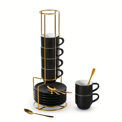 Espresso Cups Set of 6 with Saucers, Spoons & Metal Stand, 4oz Stackable Ceramic Cappuccino Mugs for Double Espresso, Lungo & Afternoon Tea – Matte Black & Matte White