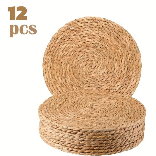 12pcs Rattan Placemats Natural Wicker Round Table Mats Heat-Resistant Non-Slip 11.8" Kitchen Dining Decor Bohemian