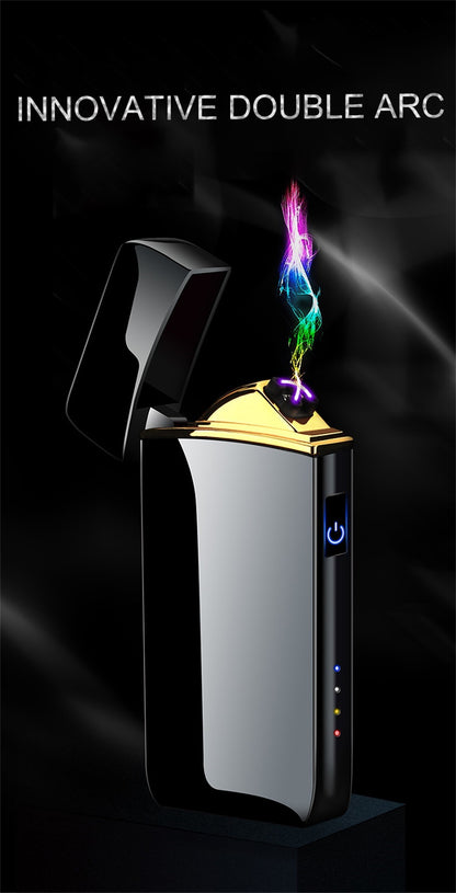 Electric Plasma Lighter USB Rechargeable – Windproof Dual Arc, LED Power Display, Touch Induction | Compact Metal Design for Outdoor Camping, Hiking & Survival | 2 Colors & 6 Styles