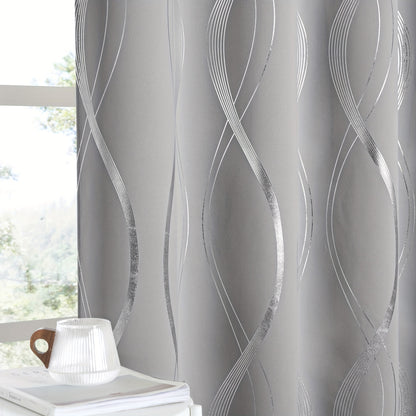 Thermal Insulated Blackout Curtains 2 Panels Wave Line Foil Print Noise Reducing Room Darkening Drapes for Bedroom Living Room Patio Sliding Glass Door