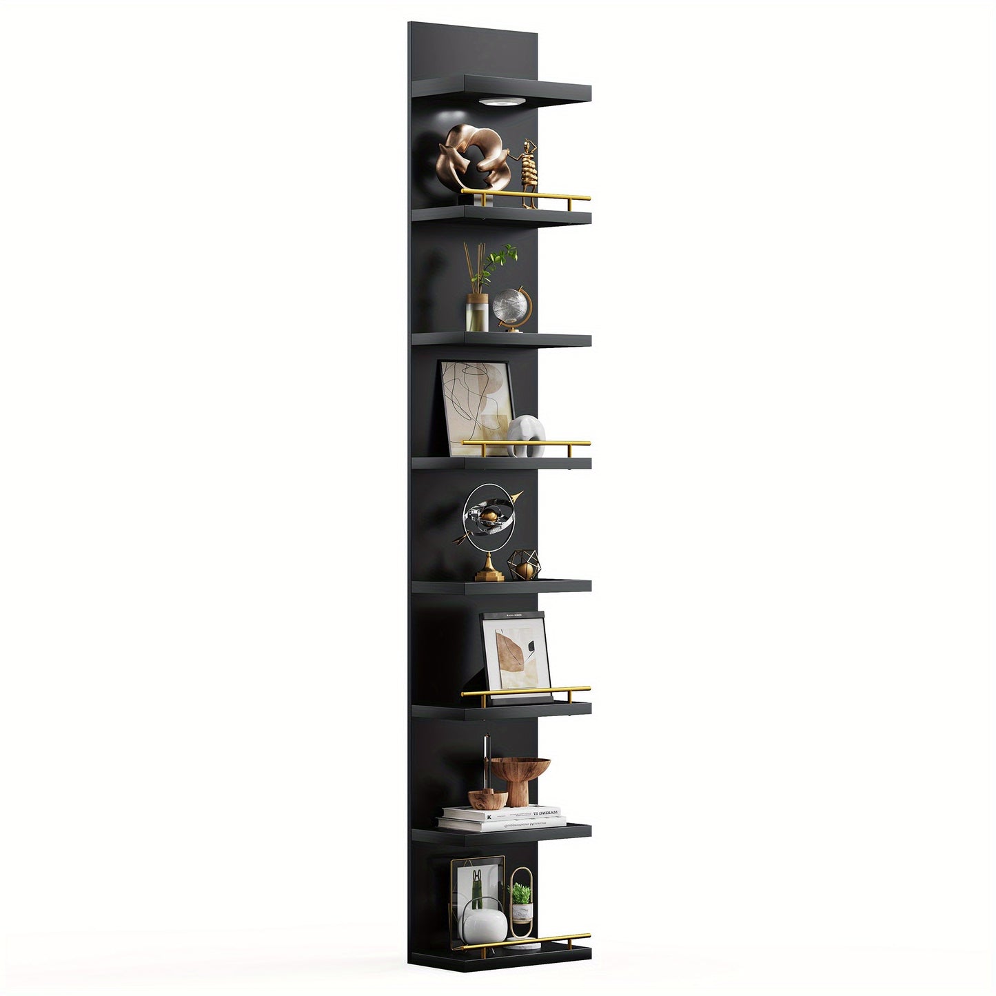 Floating Wall Shelves with LED Light - 6 & 8 Tier Wall Mounted Display Shelf Unit with Anti-Slip Rails for Bedroom, Living Room, Bathroom, Office & Dorm - Modern Space Saving Shelf (Black / White)