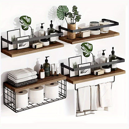 Floating Wall Shelves Set of 2 or 4 Rustic Wood and Iron Wall Mounted Shelf for Living Room Bedroom Kitchen Bathroom, Farmhouse Industrial Hanging Display Shelf for Plants Books Candles Decor