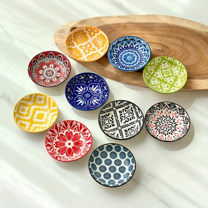Ceramic Condiment Dish Set of 10 – Bohemian Small Saucer Dipping Bowls for Soy Sauce, Vinegar & Spices | Kitchen, Restaurant, Party, BBQ & Picnic Use | Machine Washable