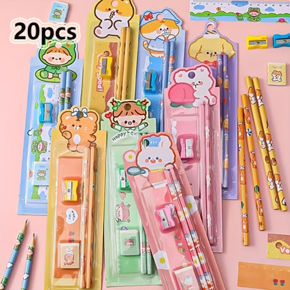 20-Piece Cartoon Pencil Stationery Set with Ruler Eraser Sharpener, Random Cartoon Styles, Kids School Supplies, Party Favor Prizes, Festival Gift Set for Students