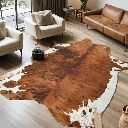Faux Cowhide Rug Brown Western Style Area Carpet | Non-Slip Suede Backing | 5.2×4.6 & 6.2×5.2 Ft | Living Room Bedroom Office