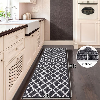 Runner Rug Moroccan Trellis Non-Slip – Machine Washable Hallway Carpet for Entryway, Kitchen & Bathroom – 100% Polypropylene Long Floor Rug, Black & Gray, 2x6, 2x8, 2x10 Ft