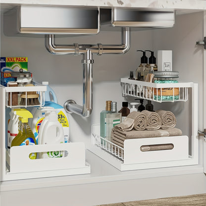 Under Sink Organizer Pull Out, 2-Tier Slide Out Cabinet Organizer with Adjustable Shelves, Under Sink Storage Rack for Kitchen Bathroom Cabinet Organization