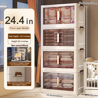 Folding Storage Cabinet with Wheels, 3/4/5-Tier Stackable Plastic Storage Bins with Lids & Magnetic Doors, Foldable Large Organizer with 360° Lockable Wheels for Home Office Kitchen Bathroom Garage