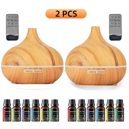 Aroma Diffuser Set 2 Diffusers 6 Essential Oils 550ml Wood Grain Cool Mist Humidifier Soundwave Technology 7-Color Light Timer for Large Room Bedroom Home Office