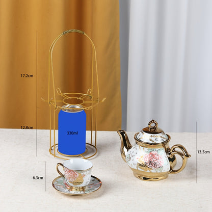 Floral Ceramic Tea Set 20 Pcs – European Porcelain Tea Cups & Saucers with Metal Holder & 15 Oz Teapot – Luxury Arabic Coffee Cup Set for Espresso, Cappuccino & Afternoon Tea – Elegant Gift