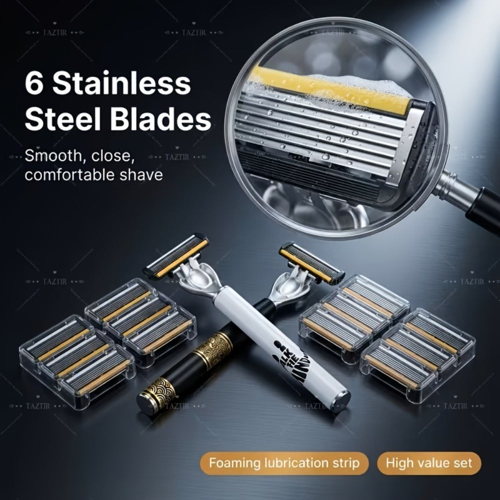 Shaving Kit for Men – 2 Handles & 72 Replacement Blades, Six-Layer Blade System Luxury Razor Set for Beard & Mustache Grooming, Ergonomic Design, Perfect Christmas & Valentine's Day Gift