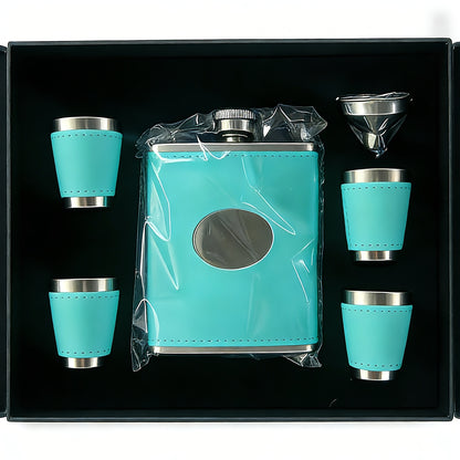 Flask Set for Women 6oz Leather Wrapped Stainless Steel Hip Flask Gift Set with 4 Cups and Funnel Pink Orange Blue Holiday Christmas Valentine Gift for Girlfriend Mom