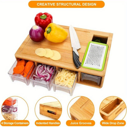 Bamboo Cutting Board with Trays & Drawers – Large Butcher Block Chopping Board with Food Sliding Opening, Stackable Airtight Storage Trays & Bamboo Lids – Kitchen Carving Board Gift for Home Cooks
