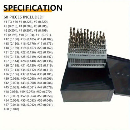 60pcs Cobalt Drill Bits Set Wire Gauge 1-60 Metal Index Box
