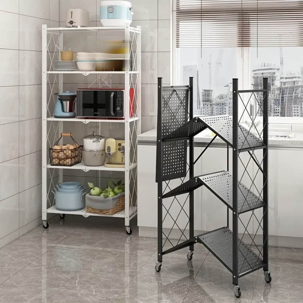 Storage Rack 3-5 Tier Foldable Shelving Unit with Wheels - Portable Multi-Layer Floor Standing Utility Shelf Organizer for Bedroom Closet Kitchen Office Black White