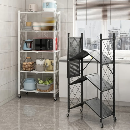 Storage Rack 3-5 Tier Foldable Shelving Unit with Wheels - Portable Multi-Layer Floor Standing Utility Shelf Organizer for Bedroom Closet Kitchen Office Black White