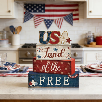 4th of July Tabletop Decorations Sign, Red White Blue Patriotic Tiered Tray Decor for Home Office Shelf, 250th Anniversary Gift