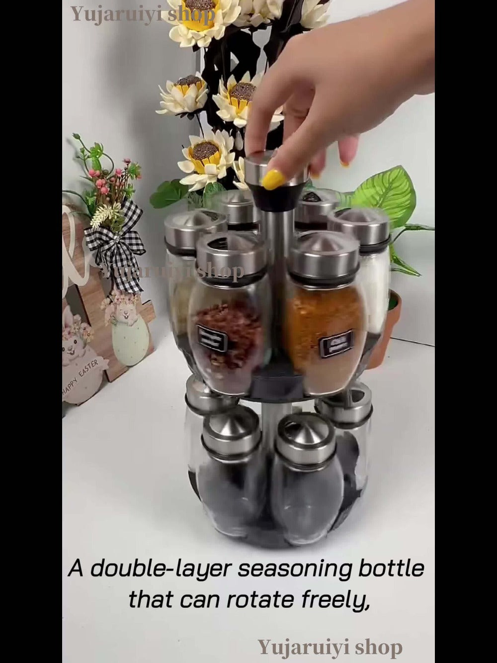 Glass Spice Jar Set with Rotating Rack – Airtight Kitchen Spice Organizer with 360° Stainless Steel Stand – Food Grade Glass Seasoning Bottles for Pantry, Cabinet & Countertop Storage – 6 or 12 Piece