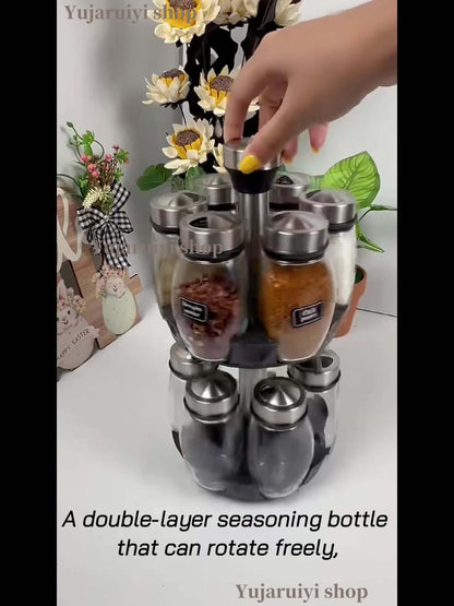 Glass Spice Jar Set with Rotating Rack – Airtight Kitchen Spice Organizer with 360° Stainless Steel Stand – Food Grade Glass Seasoning Bottles for Pantry, Cabinet & Countertop Storage – 6 or 12 Piece