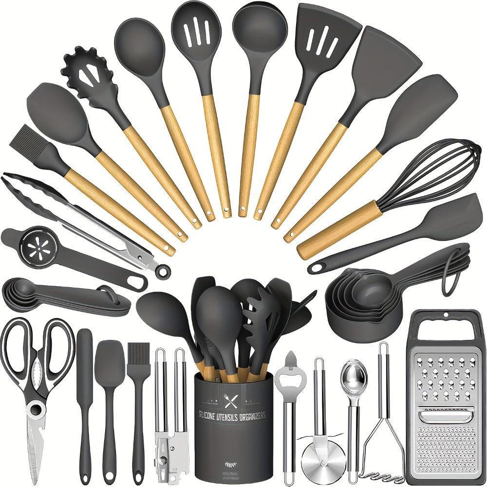 Silicone Kitchen Utensils Set 34-Piece with Holder – Heat Resistant Cooking Spatula Tools for Nonstick Cookware | Wooden Handle Kitchen Gadgets | Father's Day & Housewarming Gift