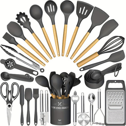 Silicone Kitchen Utensils Set 34-Piece with Holder – Heat Resistant Cooking Spatula Tools for Nonstick Cookware | Wooden Handle Kitchen Gadgets | Father's Day & Housewarming Gift