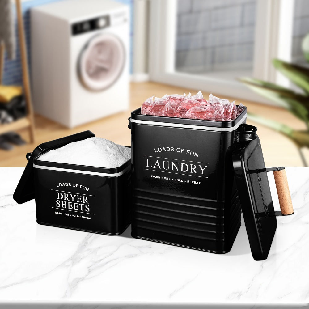 Laundry Pod Container & Dryer Sheet Holder Set with Scoop – Metal Farmhouse Laundry Room Organizer, Detergent Dispenser & Soap Storage