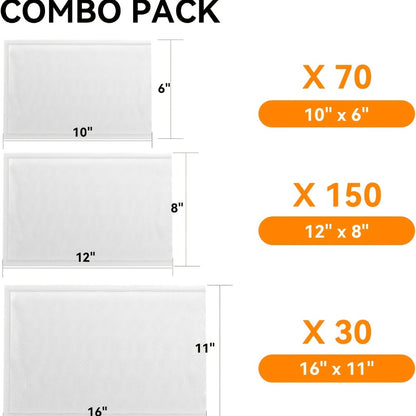 Vacuum Sealer Bags 250pcs - BPA-Free Food Storage Bags in 3 Sizes (6"x10", 8"x12", 11"x16"), Compatible with All Vacuum Sealing Machines for Meal Prep, Food Preservation & Sous Vide Cooking