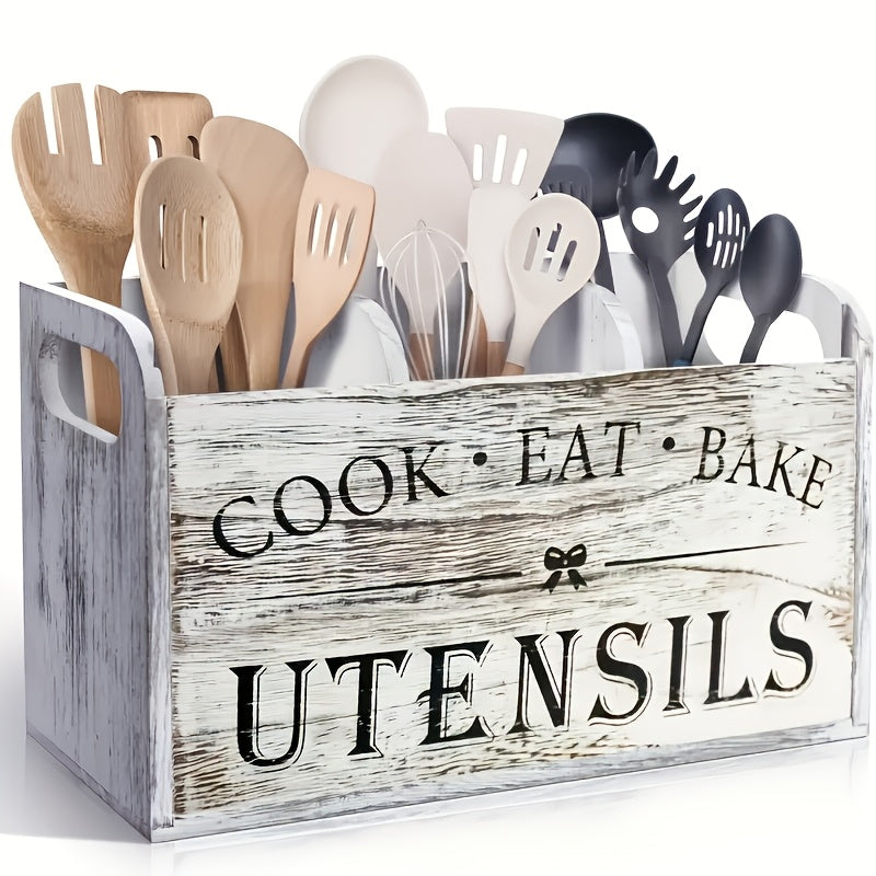 Kitchen Utensil Organizer - Extra Large Rustic Wooden Utensil Holder with 3 Compartments, Countertop & Wall Mounted Storage Rack for Cooking Baking Tools, Heavy Duty Natural Wood Kitchen Caddy