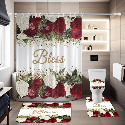 Rose Print Shower Curtain 4-Piece Bathroom Set – Toilet Lid Cover Mat Machine Washable with 12 Hooks Elegant Floral Decor