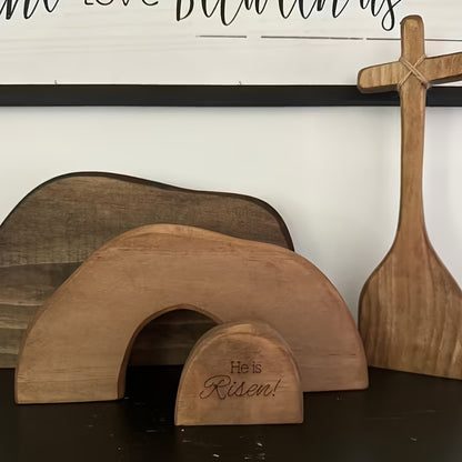 Easter Cross Decoration Wood He Is Risen Wooden Tomb Easter Resurrection Scene for Tray, Tabletop & Shelf – Religious Nativity Decor for Home & Office