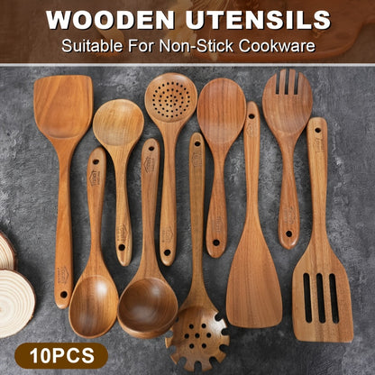 Wooden Spoons for Cooking 10 Pcs – Teak Wood Kitchen Utensils Set, Non-Stick Safe Spatulas & Spoon Cooking Tools