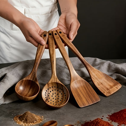 Wooden Kitchen Utensils Set – Natural Wood Spoon Spatula & Wok Spatula with Ergonomic Handle, Heat-Resistant Non-Stick Safe Cooking Tools, Easy to Clean Durable Kitchen Essentials (5 / 6 / 10 Piece Sets)