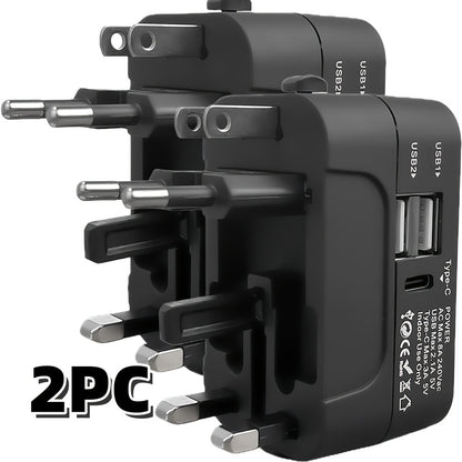 Universal Travel Adapter with Surge Protection - 2 USB & Type-C Ports, All-in-One International Plug for 350+ Countries, 100-240V Input, Fast Charging, Compact Lightweight Design, White & Black