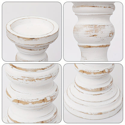 Wood Pillar Candle Holder Set of 3 - Farmhouse Rustic Wooden Candlestick Holders for Pillar Candles, Tiered Tray Decor, Table Centerpiece, Mantel Shelf Home Decor, White Black Brown