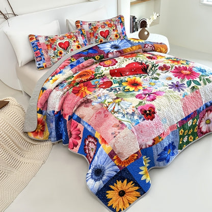 Comforter Set 2 3 Piece Colorful Floral Print Quilt with Pillowcases, Soft Breathable Hypoallergenic Machine Washable Quilted Bed Cover for Twin Full Queen King, Boho Flower Bedding Room Decor