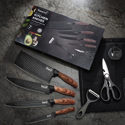 Chef Knife Set 7 Piece High Carbon Stainless Steel Ultra Sharp – Anti-Stick Ergonomic PP Handle, Includes Slicing Knife, Scraper, Scissors & Whetstone, Gift Box for Home, Family & Travel