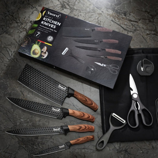 Chef Knife Set 7 Piece High Carbon Stainless Steel Ultra Sharp – Anti-Stick Ergonomic PP Handle, Includes Slicing Knife, Scraper, Scissors & Whetstone, Gift Box for Home, Family & Travel
