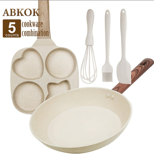 Non-Stick Cookware Set 5-Piece Beige – Pumice Stone Coating Egg Frying Pan Pancake Skillet with Kitchen Utensils | Aluminum Induction Compatible Home Cooking Set for Eggs Pancakes & Breakfast