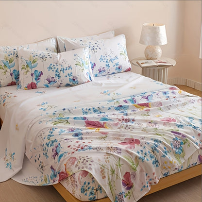 Floral Bedding Set 4-Piece – 1 Fitted Sheet + 1 Flat Sheet + 2 Pillowcases | Soft Breathable Polyester | All-Season Flower Print Bed Sheet Set | Machine Washable | Twin Full Queen King