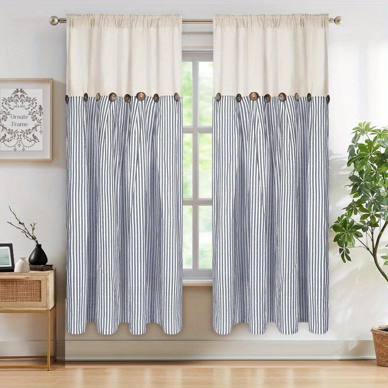 Semi Sheer Curtains Bohemian Linen Cotton Patchwork Grommet Top Window Drapes for Bedroom Living Room Kitchen Bathroom Cafe - Boho Country Cottage Style 4 Seasons 1 or 2 Panels