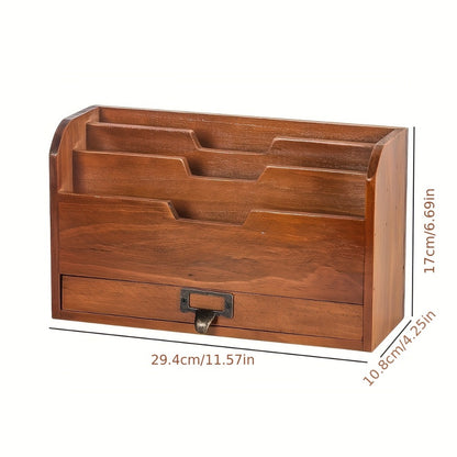 Wooden Desktop File Organizer with Drawer – Multi-Compartment Document Storage Rack for Office, Home & Study – Desk File Folder Holder with Sundries Organizer Shelf for Papers, Books & Supplies