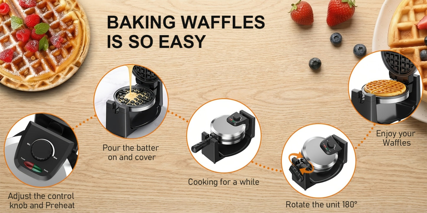 Rotating Belgian Waffle Maker 180° Flip Waffle Iron - Non-Stick Plates, Adjustable Browning Control, Foldable Cool-Touch Handle, Removable Drip Tray, Space-Saving Stainless Steel Design for Home Brunch