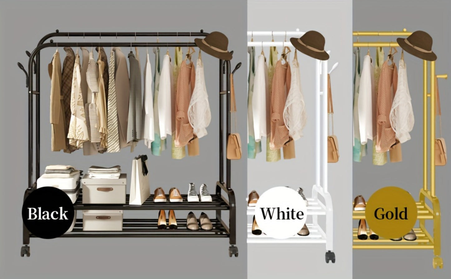 Double Rod Clothes Rack with Wheels Metal Heavy Duty Garment Rack with Shelves and Hooks Portable Closet Organizer for Bedroom Living Room Gold