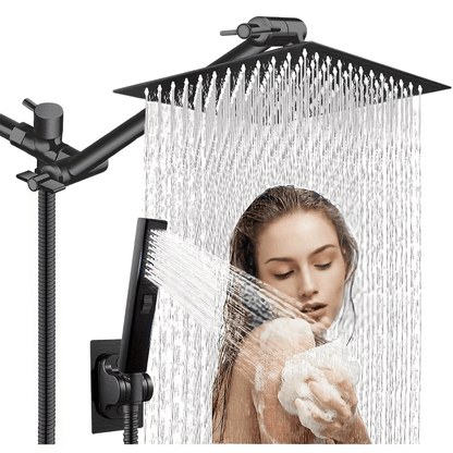 High Pressure Rainfall Shower Head Handheld Combo 4-Spray Modes 10 12 Inch Adjustable Extension Arm 78-Inch Hose Adhesive Holder Wall Mount Chrome Black Bathroom